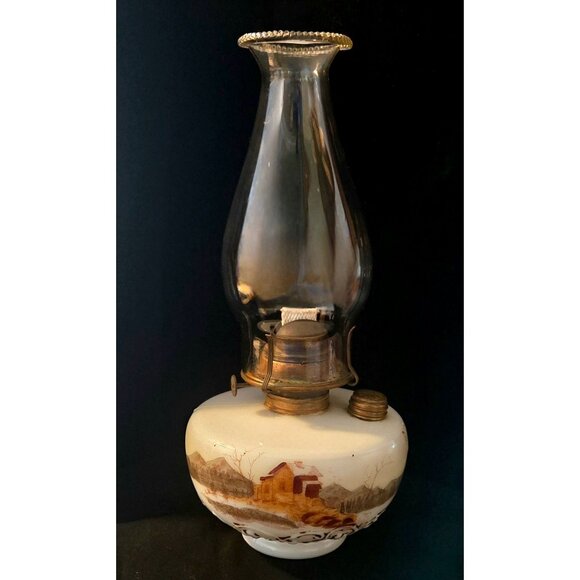 Antique Hand-Painted Milk Glass Oil Lamp With Scenic Winter Landscape Design Bra - Picture 1 of 10